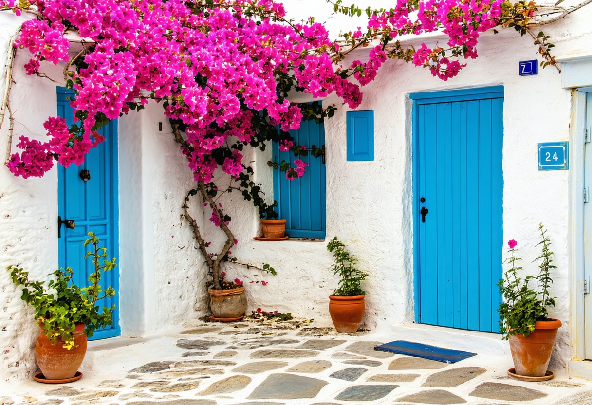 Ege kıyısında bougainvillea ile örtülü beyaz taş sokak ve deniz manzarası